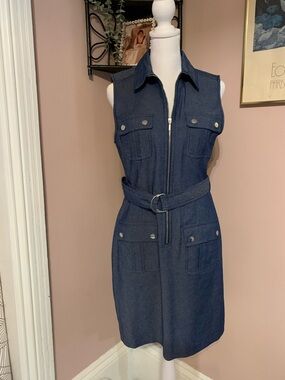 Sharagano Blue Denim Zip-Front Dress spring sleeveless classic essential